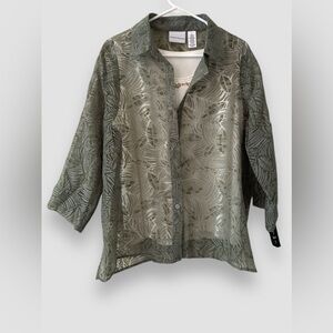Alfred Dunner Women’s Sz 16 Green Sheer Button Down Tunic Top Beaded Sheer NWT